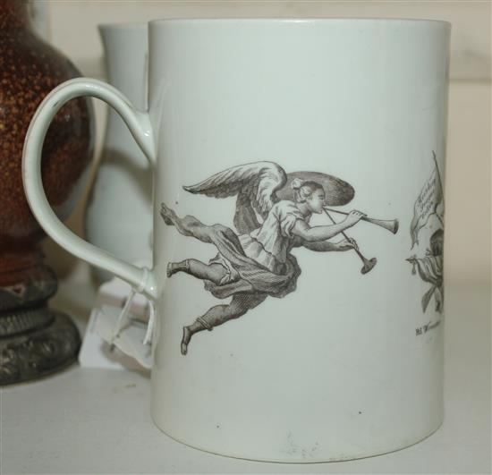 A large Worcester black printed King of Prussia waisted cylindrical mug, dated 1757, 5.6in.